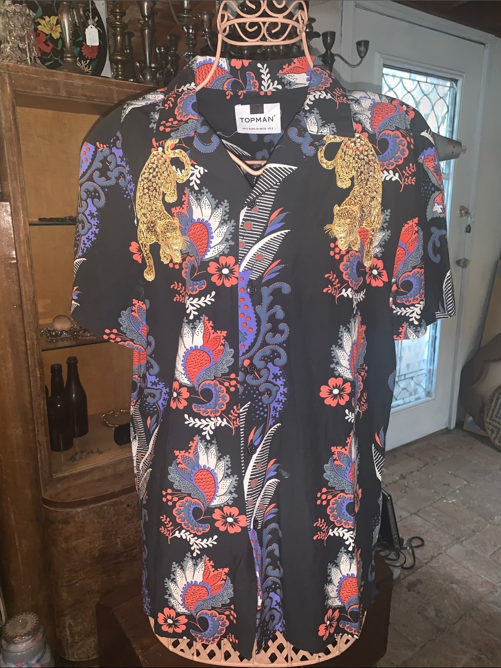 Topman Black Short-Sleeve Button-Down Shirt with Floral and Leopard Motifs